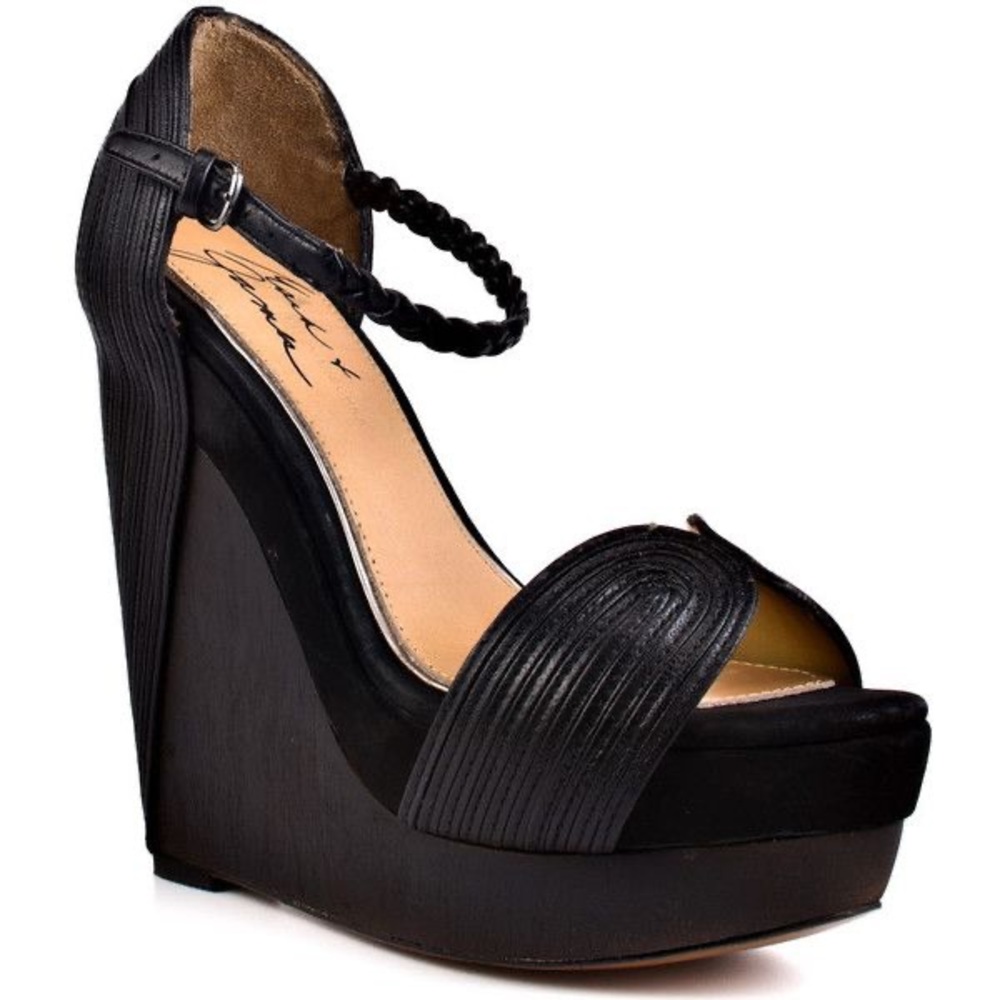 MARK & JAMES-BADGLEY MISCHKA-Roana-Black Leather Wooden Wedge Platform size 9.5